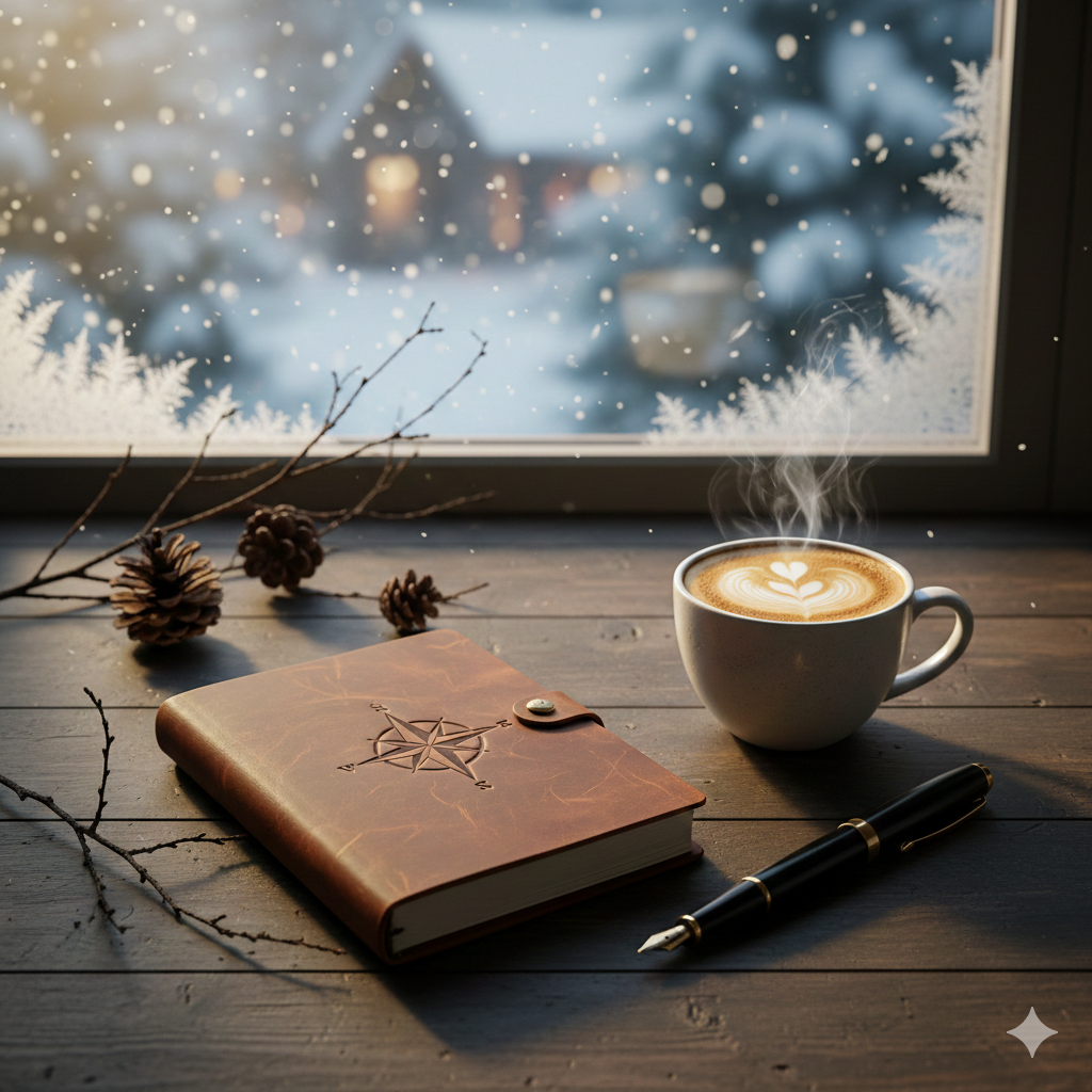 겨울철 실내에서 기록을 위해 준비된 20대 추천 스테이셔너리와 따뜻한 커피