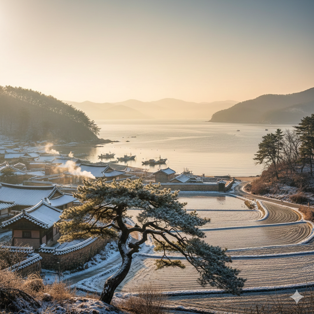 남도의 평온한 겨울 바다와 장흥 마을 풍경