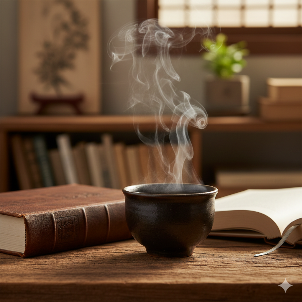 시집과 따뜻한 김이 나는 다기 세트