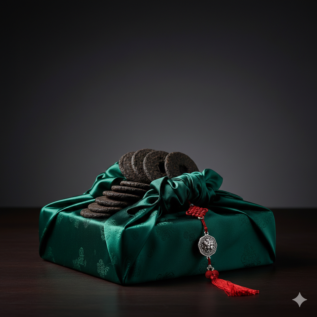 보자기 포장이 된 고급 청태전 선물세트