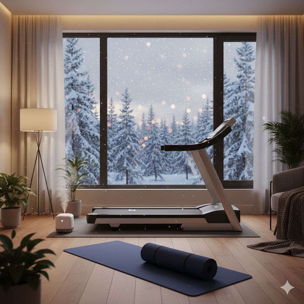 겨울철 실내 홈트레이닝 인테리어와 운동기구 전경