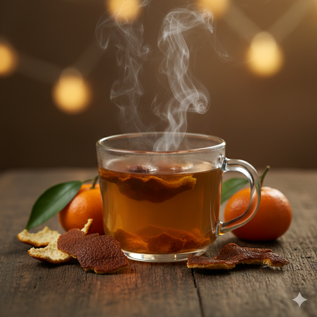 김이 모락모락 나는 따뜻한 귤껍질차(진피차)와 귤