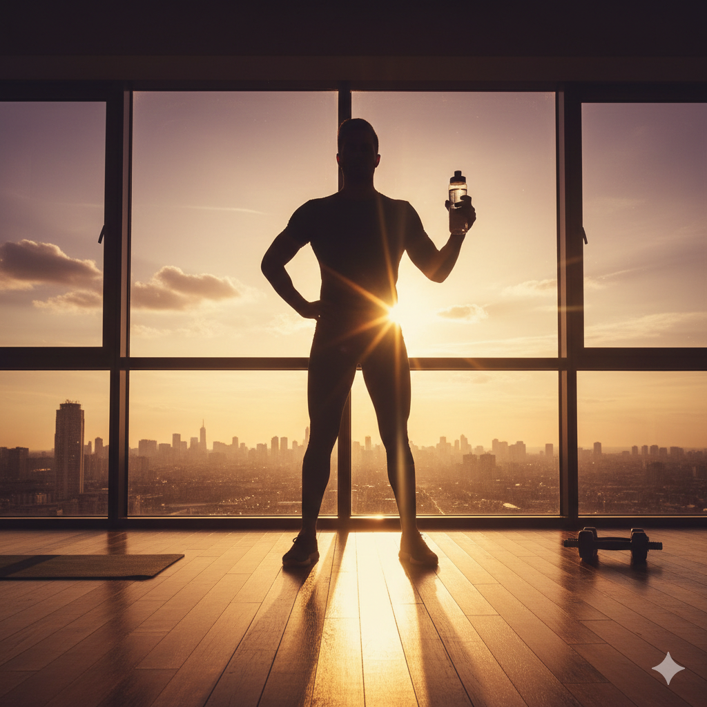 운동 후 창밖의 일출을 바라보며 성취감을 느끼는 사람의 실루엣