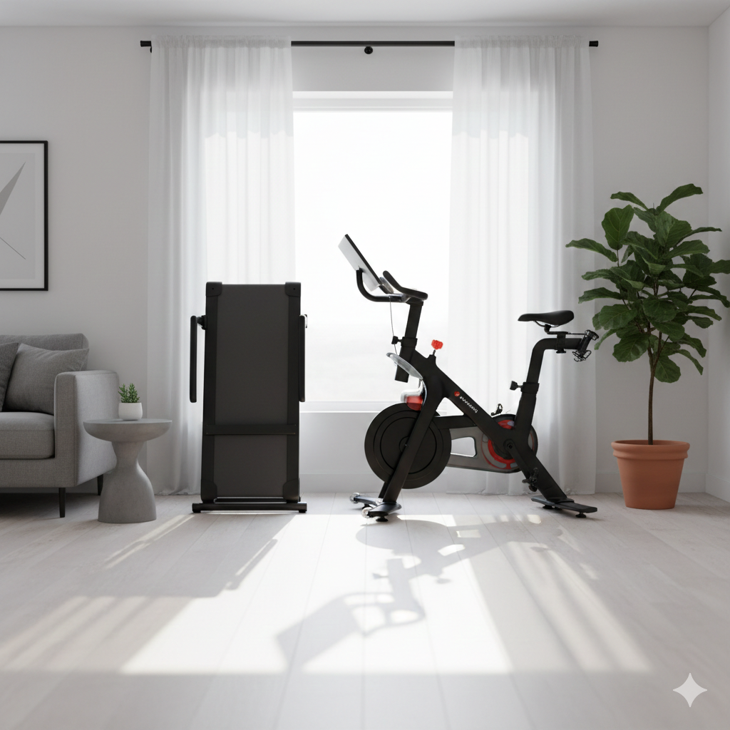 거실에 배치된 워킹패드와 실내 사이클 이미지